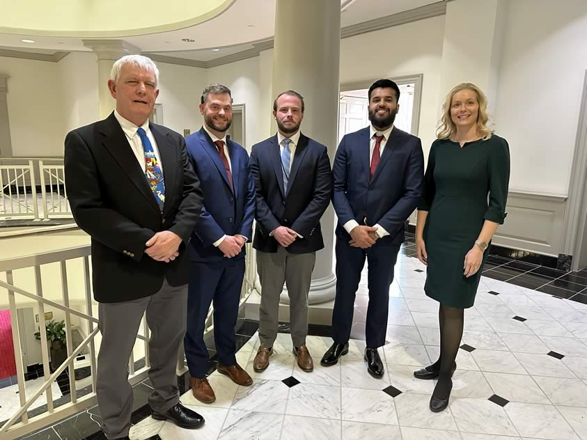 Left to right: Rusty Molnar, an Eastern Shore real estate agent; Parker Welch, Maryland Farm Bureau; Grayson Middleton, Delmarva Chicken Association; Waleed Warraich, a Wicomico County chicken grower; Jennifer Feindt, Horizon Farm Credit, all testified in the General Assembly in support of SB 371/HB 395.